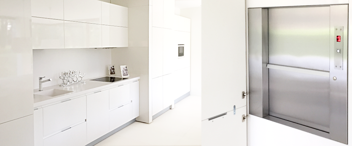 Кухонный лифт SKG ISO-A.07.050.04. с нижним приводом GFA, инсталлированный в мебельный гарнитур на первом этаже обеденной зоны коттеджа.